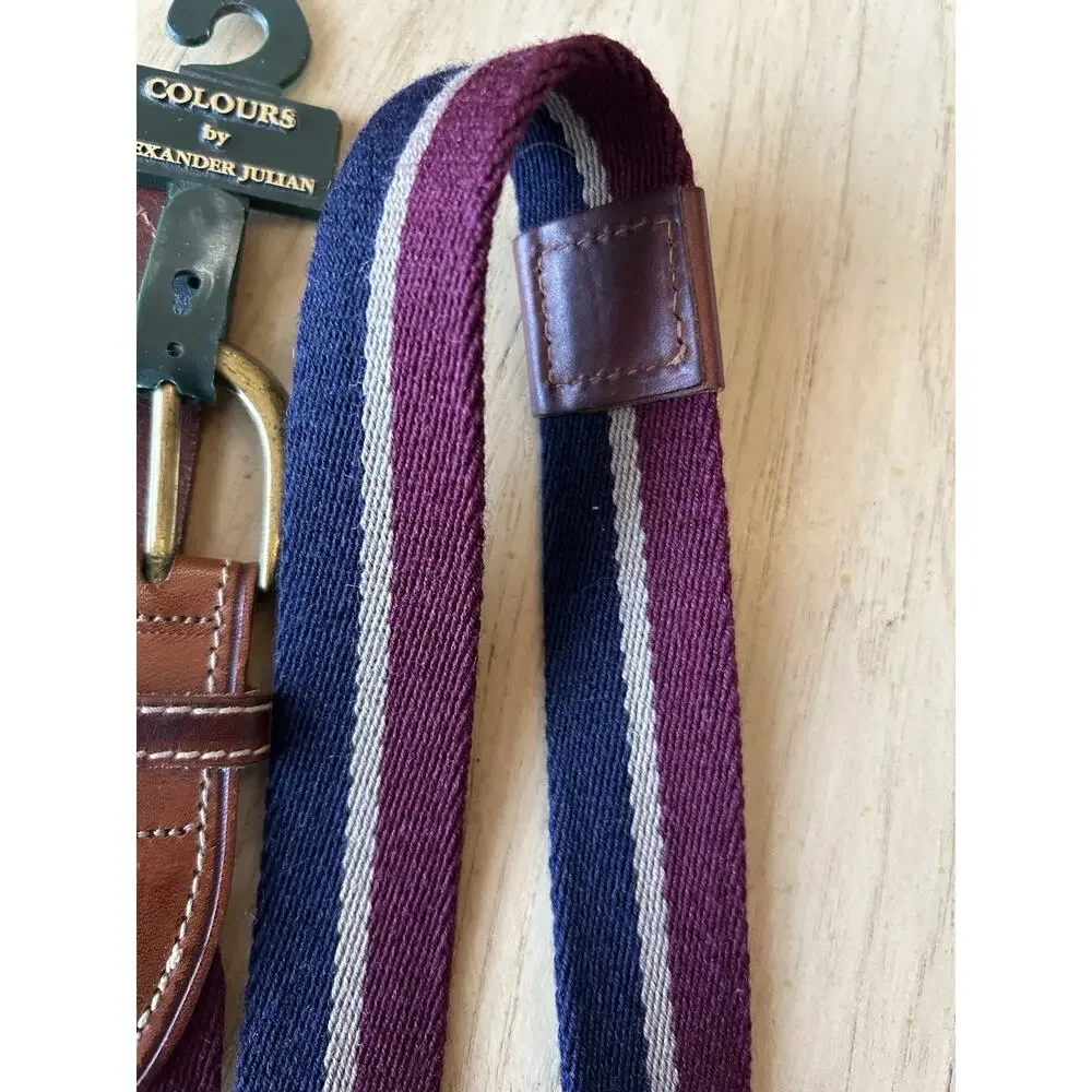 2* VTG Golf Belt Men 42/44 Burgundy Blue Stripe Canvas Brown Leather Colours R